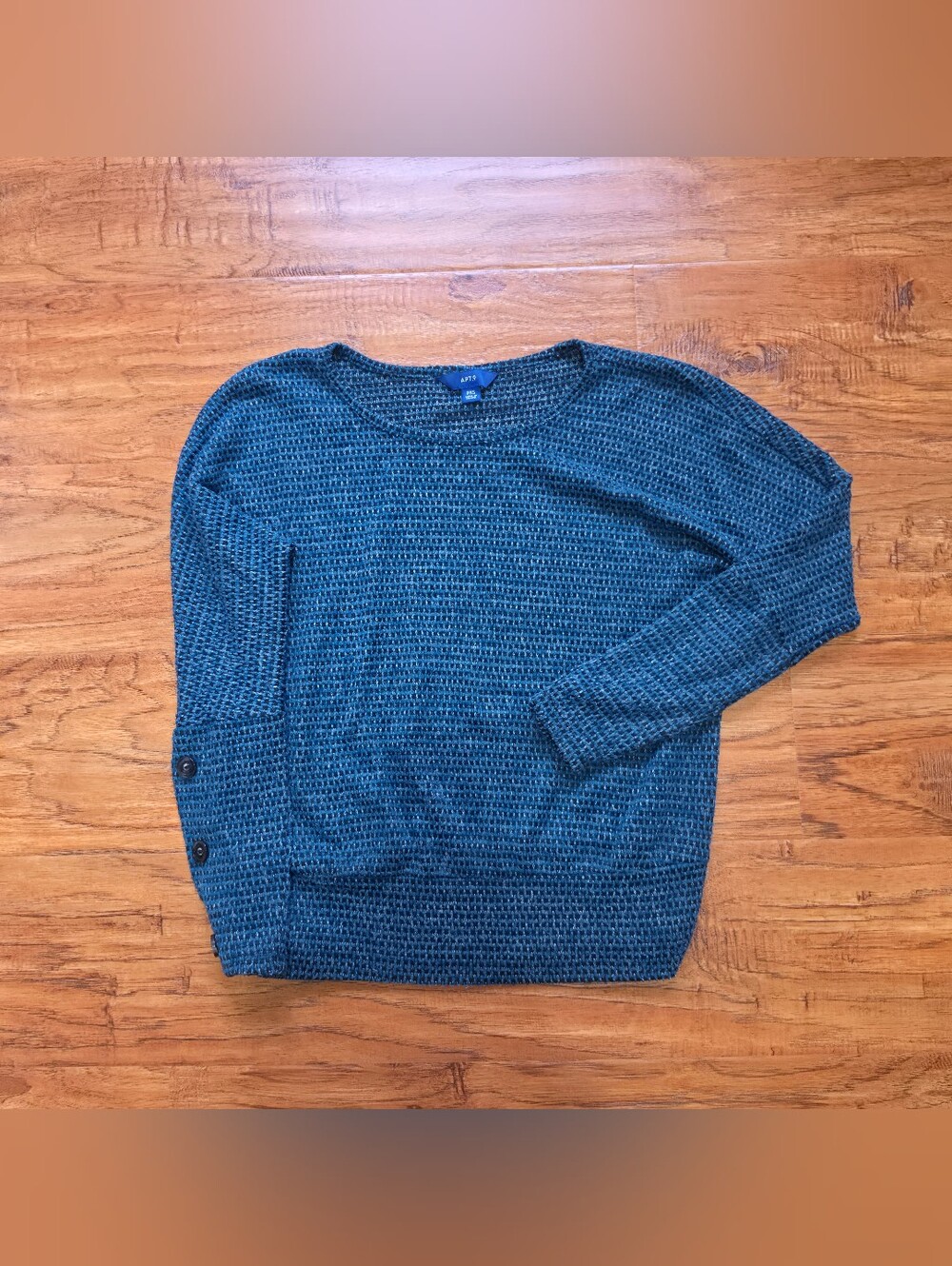 Apt. 9 Blue/Black Open-Knit Crewneck Sweater with Button Cuffs XSP/PXS